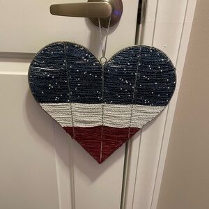 Beaded heart hanging decor. Red white and blue
